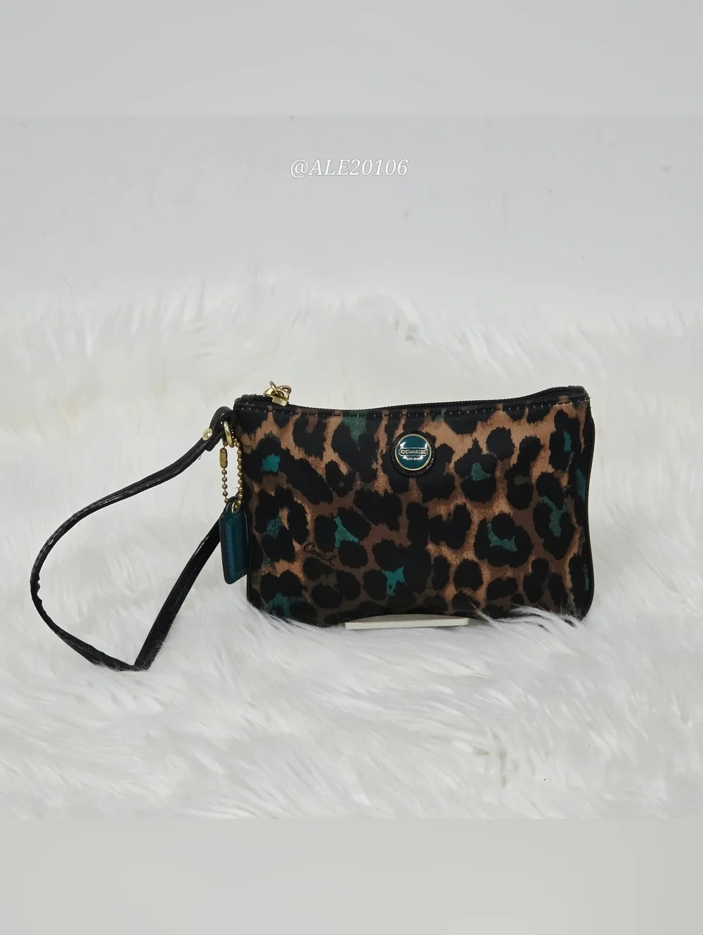 Coach Leopard Print Wristlet Zip Pouch Brown Teal Small Bag